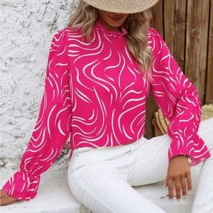 Hot pink Abstract Print Ruffle Frill Long Sleeve Top Blouse Shirt